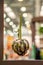 The artichoke fruit hangs in the window against the bright lights. The farm`s products. Harvest for sale