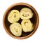 Artichoke hearts in wooden bowl over white