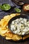 artichoke spinach almond dip with potato chips