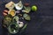 Artichokes with dips, garlic, tomatoes, lemon, bread and wine o