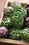 Artichokes in wooden box