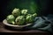 Artichokes on a wooden plate on a dark wooden background.Generative AI