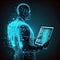 Artificial bioluminal transparent fake AI person watching a tablet when standing navy blue background