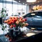 Artificial blooms adorn a glass table in a sleek car showroom.