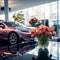 Artificial blooms adorn a glass table in a sleek car showroom.