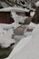 Artificial cascade on the creek. Snowy and frozen waterfall. Slow shutter speed.