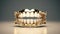 Artificial denture teeth with gold gums, acrylic human jaw model on white table on grey background. Plastic artificial human teeth