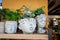 Artificial flowers in stone vases in form of heads of idols on a shelf as an interior decoration