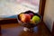 Artificial fruit in metal vase. toy apples for decoration. educational children