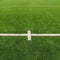 Artificial grass field on football playground. Detail of a cross of painted white lines in a soccer field. Plastic grass