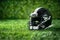 Artificial grass forms background for minimalist American football helmet