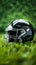Artificial grass forms background for minimalist American football helmet