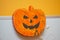 Artificial hand made pumpkin decoration in the kids club during Halloween