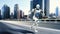 Artificial intelligence 3D robot running in futuristic cyber space metaverse background, digital world smart city