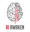 Artificial intelligence awaken - concept logo - human brain and integrated circuit