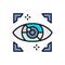 Artificial intelligence eye, computer surveillance flat color line icon.