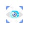 Artificial intelligence eye, network spying, computer surveillance white line icon.