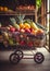 artificial intelligence generated illustration, shopping cart on wheels with fruits and vegetables on a blurred background