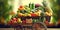 artificial intelligence generated illustration, shopping cart on wheels with fruits and vegetables on a blurred background