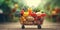 artificial intelligence generated illustration, shopping cart on wheels with fruits and vegetables on a blurred background