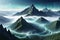 Artificial Intelligence-Generated Landscape: Vast Mountains Shrouded in Mist, Binary Code Sky Overlay