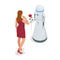 Artificial Intelligence. A robot gives a woman a rose flower. 8 March concept. Caring and love.