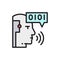 Artificial intelligence, robot with sound waves, chatbot flat color line icon.