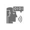 Artificial intelligence, robot with sound waves, chatbot grey icon.