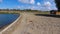 An artificial lake for fishing. A bridge for fishermen on the lake. Lake fishing.