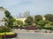 Artificial landscape with rocks and trimmed bushes.