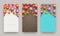 Artificial paper flowers on a wooden plank background with copy space. Three banners.