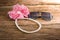 Artificial pearl necklace and sunglasses, Hair bow