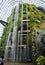 Artificial rock with a waterfall in a huge greenhouse