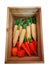 The artificial white radish, capsicum and carrot which is made of plastic, displaying on brown straw in a wooden box.
