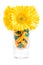 Artificial yellow Gerbera flower bouquet in a crystal vase with satin ribbons