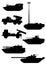 Artillery and electronic warfare complex silhouette vector icons set.