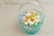 Artisan, blue, glass easter basket, filler with colorful, easter, candy