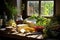 Artisan cheese, grapes, honey, and fresh bread on a rustic wooden table by an old window basking in golden sunlight