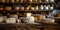 Artisan cheese selection on wooden shelves. rustic style gourmet food photography, ideal for culinary backgrounds. AI