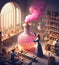 artisan perfume elixir potion maker pharmacist preparing product in medieval steampunk laboratory