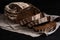 Artisan sliced rye bread. Closeup of slices of freshly baked sourdough bread on dark background. Selective focus