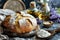 Artisan Sourdough Bread on Rustic Table with Wheat Stalks