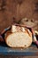 Artisan sourdough toast bread on blue wooden cutting board with butter and pink himalayan salt