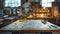 Artisan workshop with detailed blueprint on table in cozy, well-equipped carpenters workspace