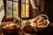 artisanal bread loaves in a woven basket by the window