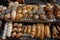 Artisanal bread variety, fresh bakery goods display. Crusty loaves, seeded rolls