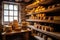 artisanal cheese aging in wooden shelves at a cellar