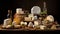 Artisanal Elegance: A Gastronomic Still-Life Showcasing French Cheese Delights