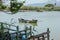 Artisanal fishing boats docked in the Estany Gran area in Cullera, Valencia, Alicante, Spain. surrounded by nature