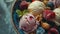 Artisanal gelato in a close up adorned with a colorful array of fresh fruit showcasing culinary artistry